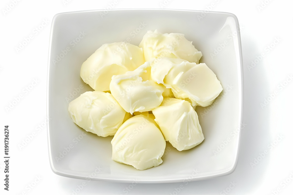 Fresh Butter Curls Rests Gently in a White Square Dish on a White Background Fresh Butter Curls Rests Gently in a White Square Dish on a White Background