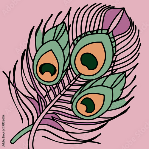 Stylized peacock feathers illustration with vibrant colors on a pastel background
