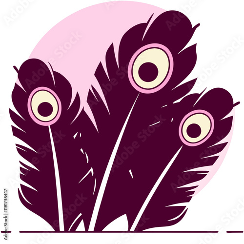 Minimalistic peacock feathers design in dark colors against a pink circular background