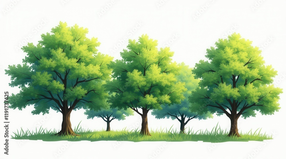 Fototapeta premium Serene Green Trees Environmental Clipart On White Background