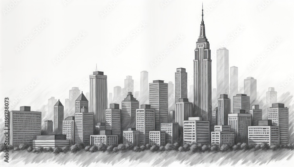 Fototapeta premium Detailed illustration of modern city skyline. Urban high-rise buildings form dynamic landscape against minimalist background. Structures in various sizes, styles show urban architecture. Minimalist