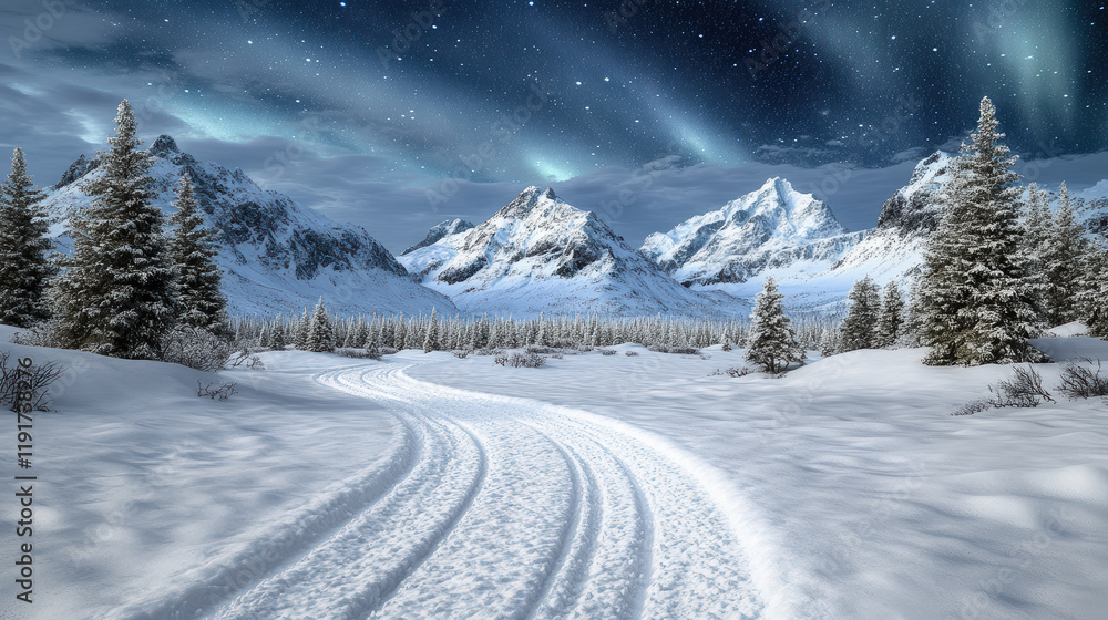 Obraz premium snowy landscape with winding path under Aurora Borealis