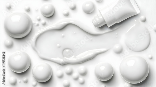 White Cream Spreads Smoothly with Glossy Spheres, Creating a Luxurious Skincare Visual