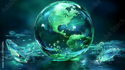 Wallpaper Mural Green Glass Globe with Continents Displays Environmental Awareness on a Reflective Surface. Torontodigital.ca
