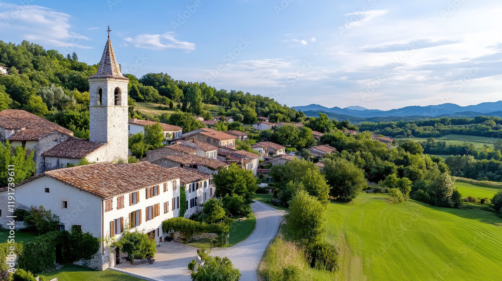 Aerial view of picturesque village with church and lush greenery Aerial view of picturesque village with church and lush greenery