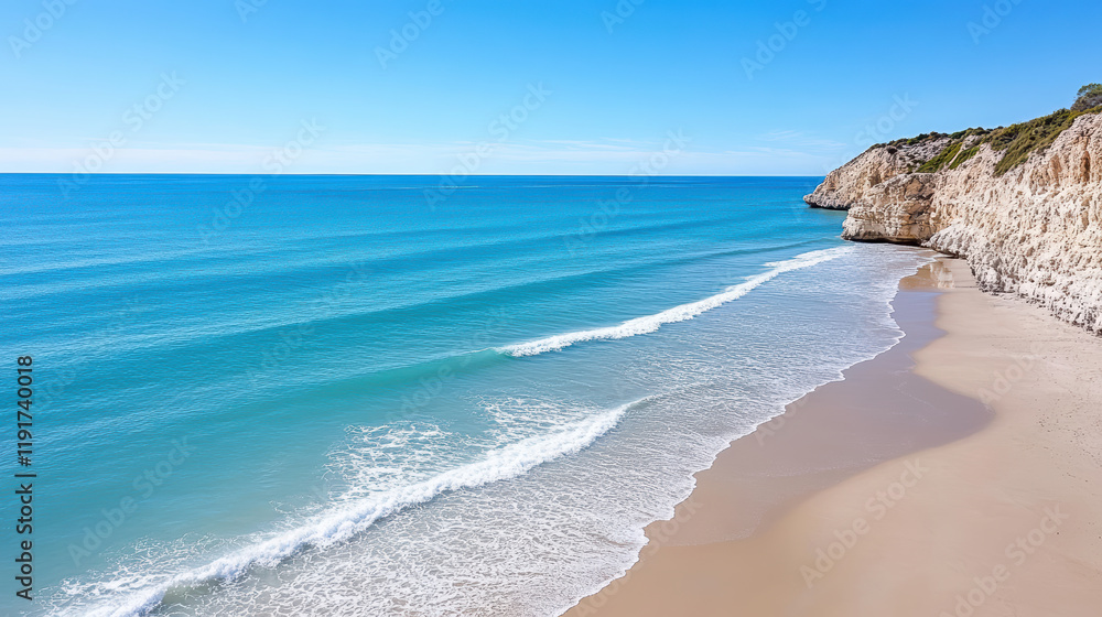 Aerial view of tranquil beach with gentle waves and clear blue skies Aerial view of tranquil beach with gentle waves and clear blue skies