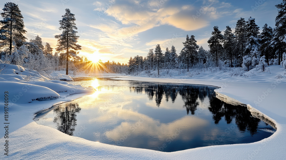 Fototapeta premium serene winter landscape with sunset reflecting on icy waters