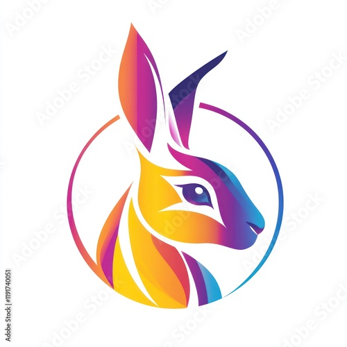 Colorful rabbit head, profile view, circle frame, white background, logo design photo