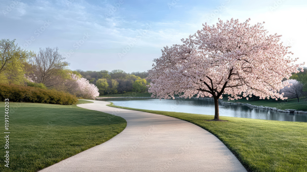 serene path lined with beautiful cherry blossom trees by tranquil lake serene path lined with beautiful cherry blossom trees by tranquil lake