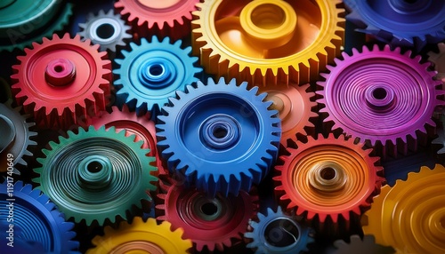 Wallpaper Mural a close up of colorful machine gears arranged in a grid showcasing various sizes and designs against a dark background Torontodigital.ca