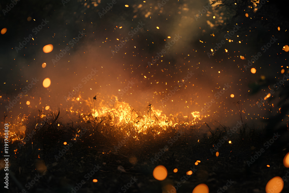 Naklejka premium Fire, burning grass, forest, field, uncontrolled fire, open fire, fire destroys everything, dangerous fire