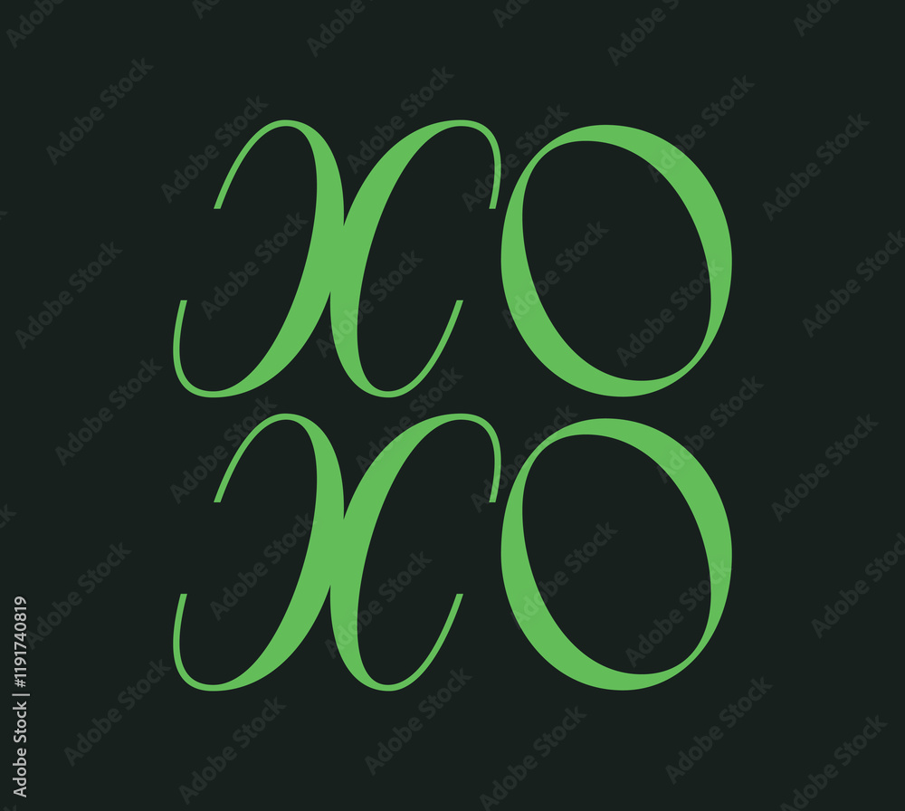 Minimalist XO typography design in vibrant green on a black background. Creative and modern concept showcasing stylish lettering. Vector illustration Minimalist XO typography design in vibrant green on a black background. Creative and modern concept showcasing stylish lettering. Vector illustration