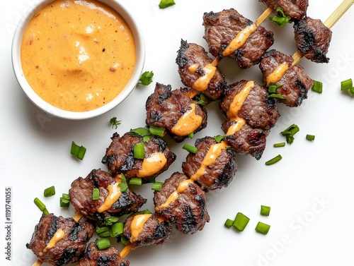 Sizzling grilled meat skewers, a culinary delight on plate delicious photo