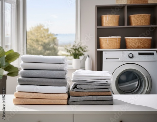 Generated image background of stock photo, a white table was adorned with neatly folded stacks of laundry