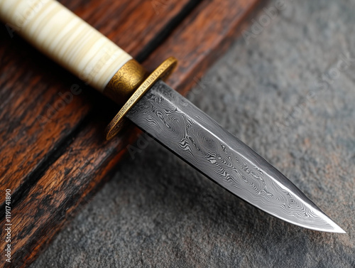 Intricately Crafted Antique Dagger: A Unique Blend of History and Artistry with an Elegant Handle and Sharp Blade, Perfect for Collectors and Enthusiasts Alike. A Testament to Masterful Artisanship. photo