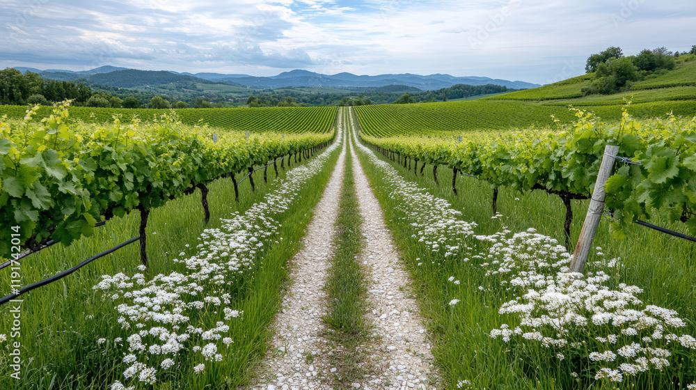 Obraz premium Picturesque vineyard in spring with rows of grapevines and flowers