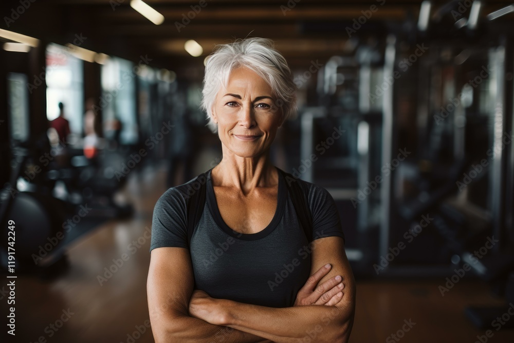 Confident senior fitness instructor smiling with crossed arms in a modern gym Confident senior fitness instructor smiling with crossed arms in a modern gym