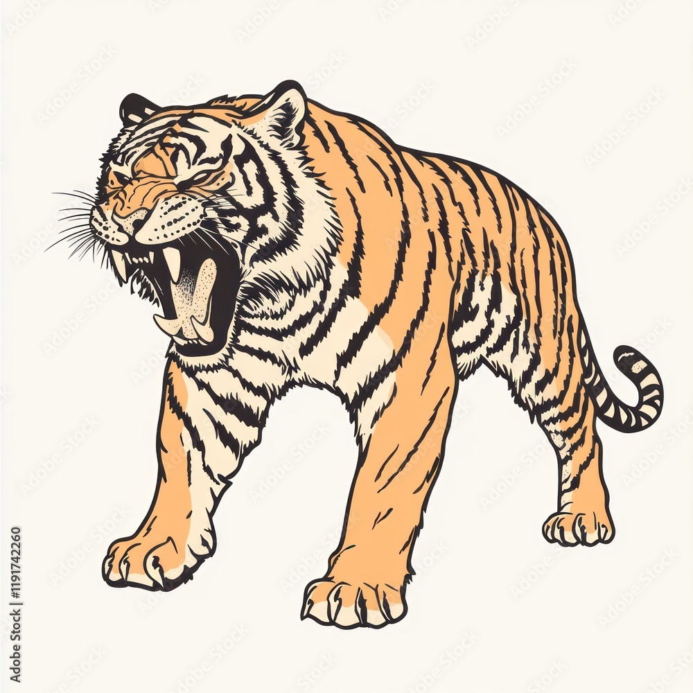 Obraz premium Roaring tiger, wildlife illustration, isolated background, print design