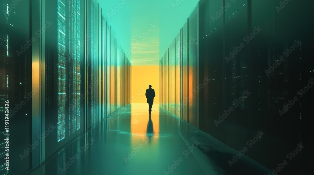 Night city street with traffic time lapse and silhouettes of people walking through a doorway, creating a scene of business and success in a dark, futuristic corridor Night city street with traffic time lapse and silhouettes of people walking through a doorway, creating a scene of business and success in a dark, futuristic corridor