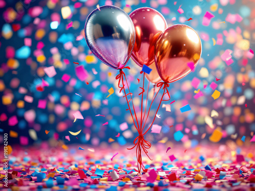 Colorful balloons and confetti scattered on a festive background. photo