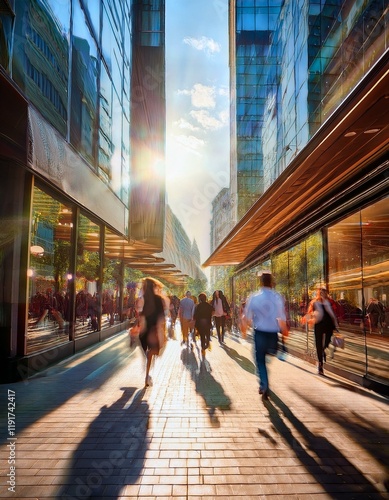 Generated image  In bustling city streets on a sunny summer afternoon, a wide-angle view captures vibrant