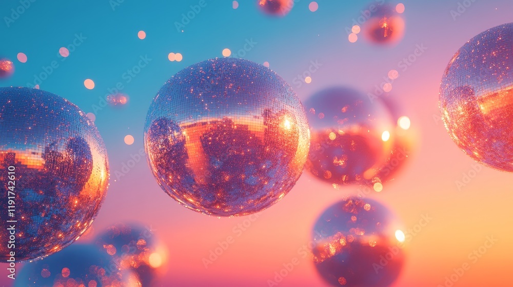 pop illustration of big silver sparkling disco balls against a gradient blue and orange background, iridescent and dreamy glow, pattern pop illustration of big silver sparkling disco balls against a gradient blue and orange background, iridescent and dreamy glow, pattern