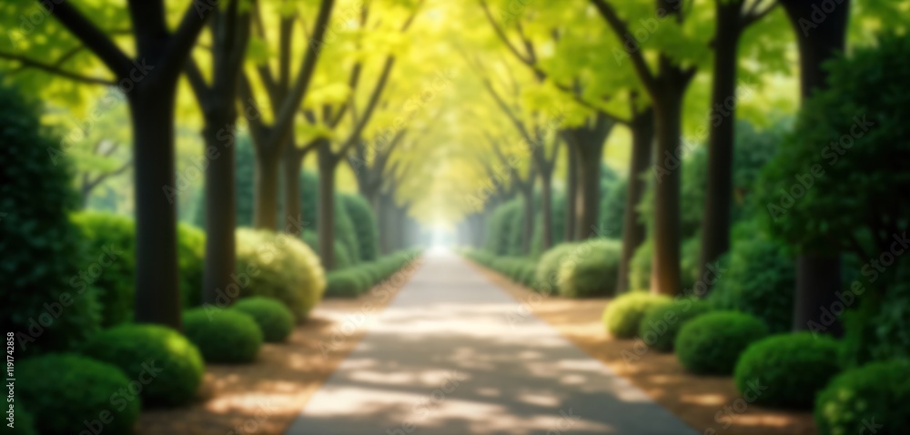 Obraz premium Park path extends through spring greenery. Light shines at tunnel end. Symbolic image of hope, loss in nature. Calm, peaceful atmosphere. Beautiful springtime day in park. Ideal for memorial concept