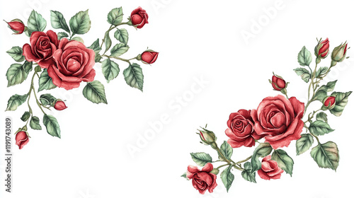Fototapeta Naklejka Na Ścianę i Meble -  Red rose flower petal decoration frame isolated on white background. floral border graphic design element, greeting wedding invitation card ornament, elegant botanical rectangle corner.