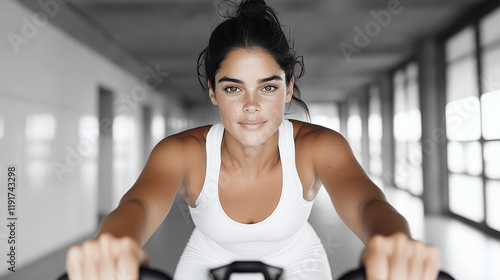 woman cycling on stationary bike in gym, focused and determined photo