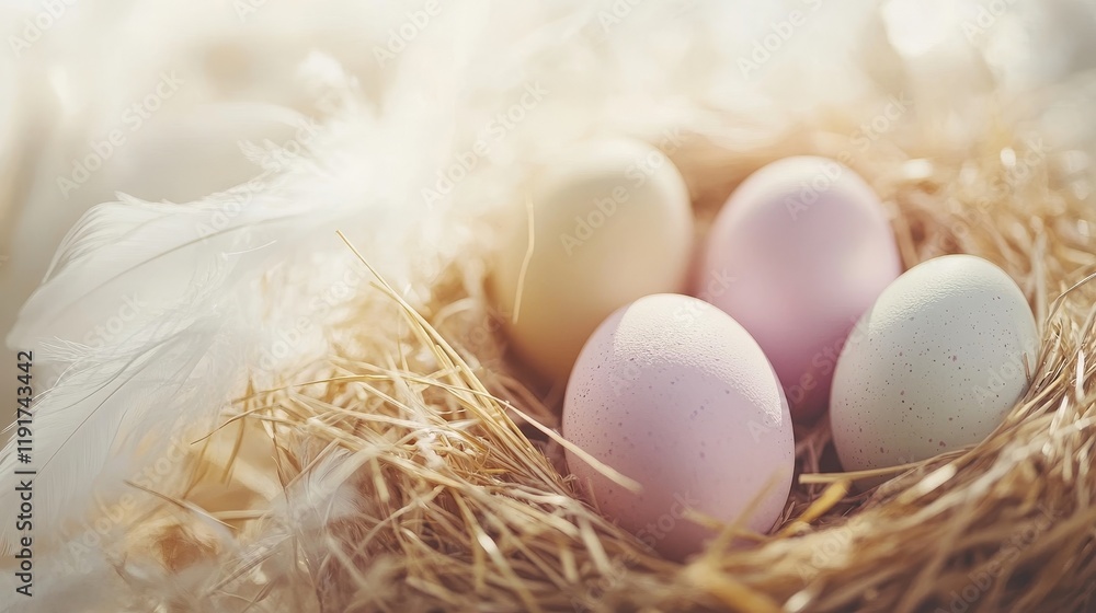 Fototapeta premium Pastel Easter eggs in straw nest with feathers