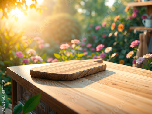 Rustic wooden table with blurred background, ideal for product placement and natural themes. Generative AI photo