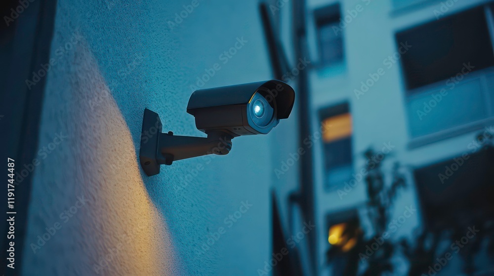 Security camera mounted on a building wall at night. Security camera mounted on a building wall at night.