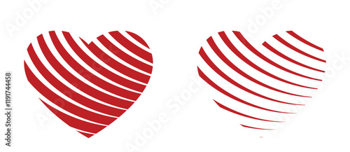 Red hearts with curved stripes. Love and romantic symbols. Valentines design elements. Isolated vector images