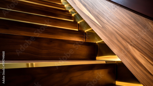 A close-up shot of a modern wooden staircase with polished wood steps and a sleek glass railing, with soft ambient lighting.