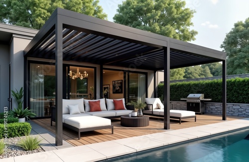 Modern outdoor patio area with trendy pergola shade structure. Relaxing garden lounge, chairs. Metal grill surrounded by landscaping. White house in background. Pool, wooden deck. Perfect for family