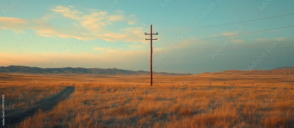 Obraz premium A remote and expansive rural landscape with an electric utility pole and power lines running across an open field or prairie set against the backdrop of a dramatic sky at sunset or sunrise