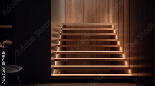 A close-up shot of a modern wooden staircase with polished wood steps and a sleek glass railing, with soft ambient lighting.