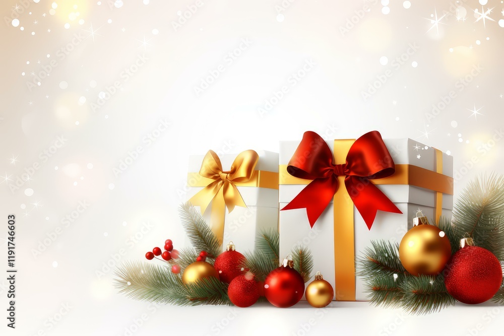 Christmas presents with red and gold ribbons are surrounded by fir branches, red berries, and colorful christmas balls Christmas presents with red and gold ribbons are surrounded by fir branches, red berries, and colorful christmas balls