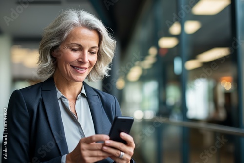 Happy businesswoman using mobile phone in corporate office building, sending text messages and browsing internet Free Download Happy businesswoman using mobile phone in corporate office building, sending text messages and browsing internet - GFXLoad