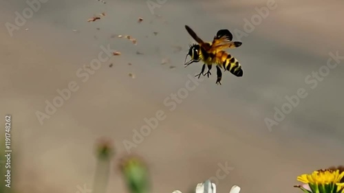 A bee flying in slow motion, pollen drifting away in the wind.
