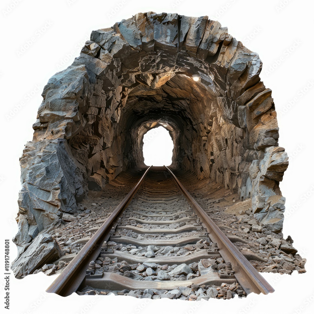 Fototapeta premium Train tracks stretching into a dark rock tunnel with a bright light at the end, symbolizing hope, journey, and new beginnings