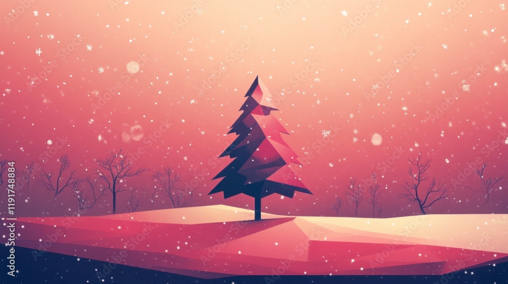 Low Poly Winter Tree in Snowy Landscape - Minimalist Christmas Card Design Low Poly Winter Tree in Snowy Landscape - Minimalist Christmas Card Design