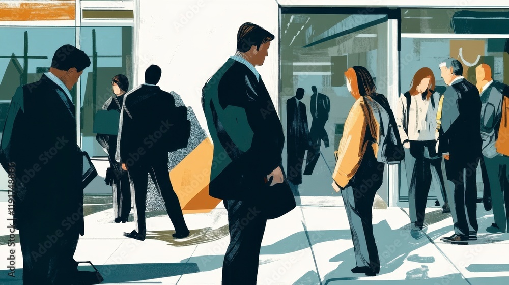 Fototapeta premium Sad Business People Waiting Outside Office Building