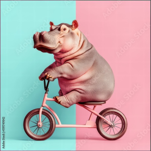 A whimsical hippo rides a pink bicycle against a vibrant split background of pastel blue and pink. photo