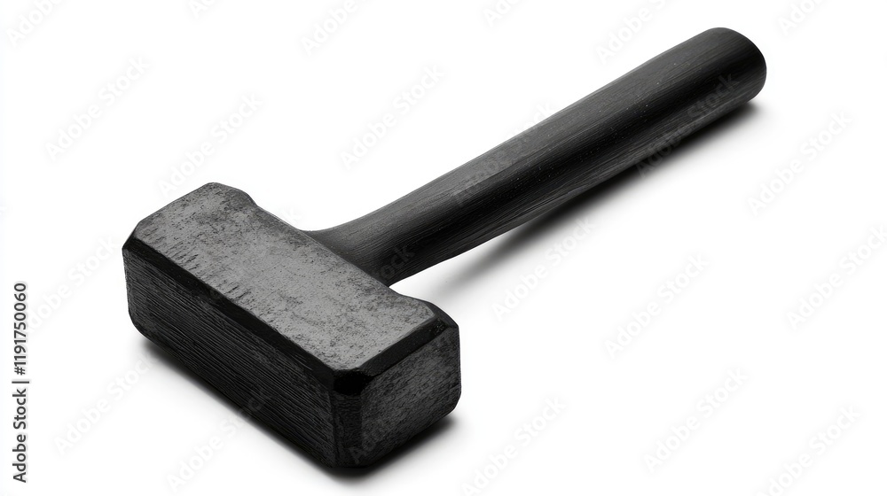 A black rubber hammer on a clean white background with shadows. A black rubber hammer on a clean white background with shadows.