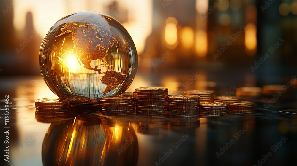 Modern shiny globe representing the world on sale, golden Earth globe next to modern gold coins, symbolizing success in business, wealth in economy, growth of international finance, and money's influe Modern shiny globe representing the world on sale, golden Earth globe next to modern gold coins, symbolizing success in business, wealth in economy, growth of international finance, and money's influe