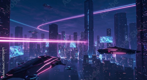A futuristic city with levitating buildings and vehicles glowing with neon lights