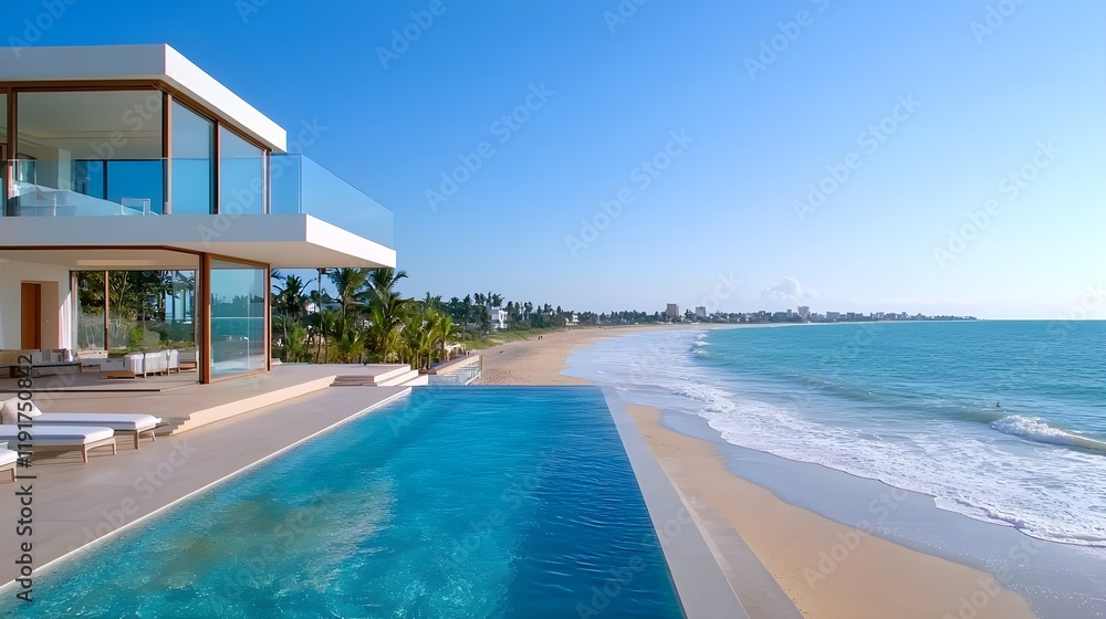 Fototapeta premium Modern beachfront villa, panoramic ocean view, luxury real estate setting