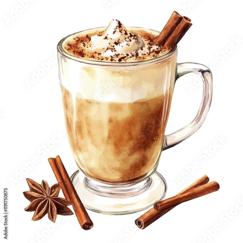 A watercolor of a chai latte, isolated on a white background. Chai Latte vector.
