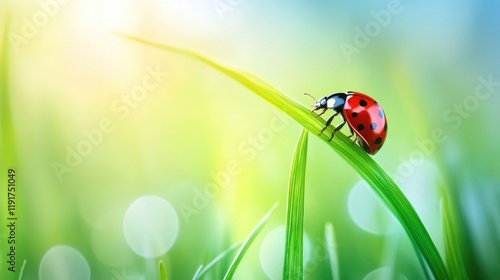 A close-up of grass with a small ladybug climbing one of the blades. photo